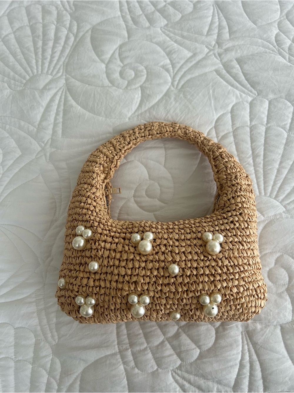 Woven Pearl-Mickey Shaped Accent Tan Straw Shoulder Bag
